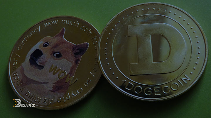 تصویر دوج کوین به رنگ طلایی که روی آن با تصویر سگ مشهور دوج کوین و پشت آن با علامت D مشخص شد است. 