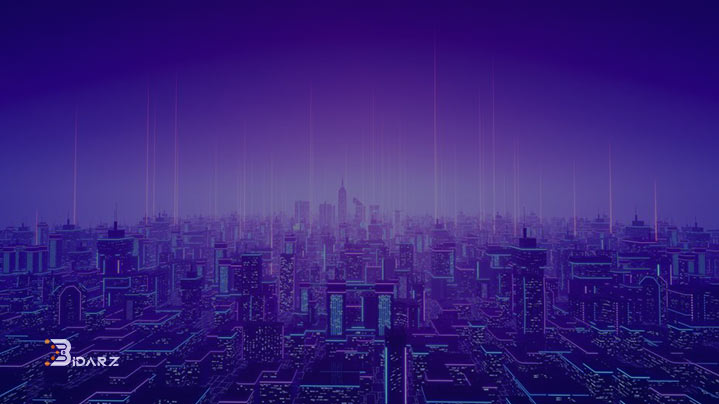 تصویر هوایی از یک شهر با برج ها و ساختمان های مدرن که با افکت بنفش رنگ قابل مشاهده است. این شهر نمایی از دنیای مجازی مبتنی بر بلاک چین یعنی متاورس را نمایش می دهد.