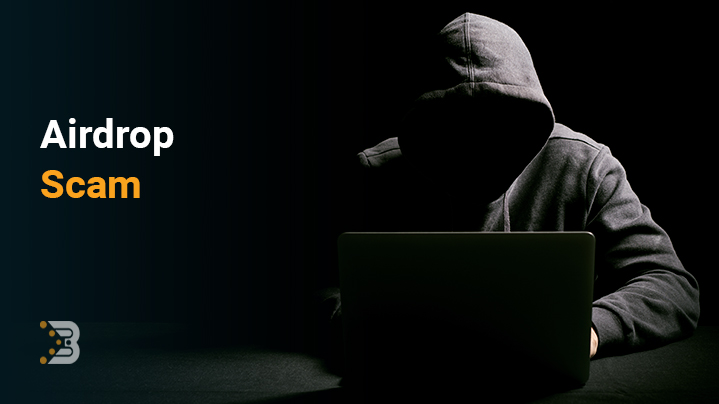 یک هکر که در حال کار با کامپیوتر و نشان دهنده کلاهبرداری دیجیتال است و عنوان airdrop scam کنار وی دیده می‌شود.