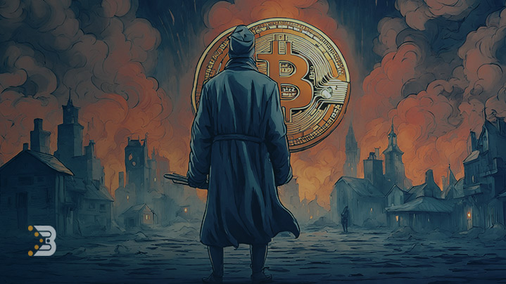 تصویر مردی که در مقابل سکه ای که نماد بیت کوین روی آن ثبت شده ایستاده، نشان دهنده بررسی ریسک های سرمایه گذاری روی بیت کوین است