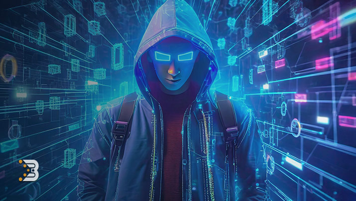 یک مرد با ظاهری شبیه به هکرها که در فضایی با مفهوم بلاک چین و ارز دیجیتال با رنگ آبی قرار دارد. نحوه محافظت از کیف پول ارز دیجیتال
