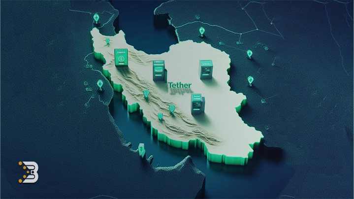 تصویری 3 بعدی از نقشه ایران که جعبه هایی با نماد تتر و درگاه پرداخت روی چند نقطه متفاوت آن قرار دارد. راهنمای جامع خرید و فروش تتر در ایران