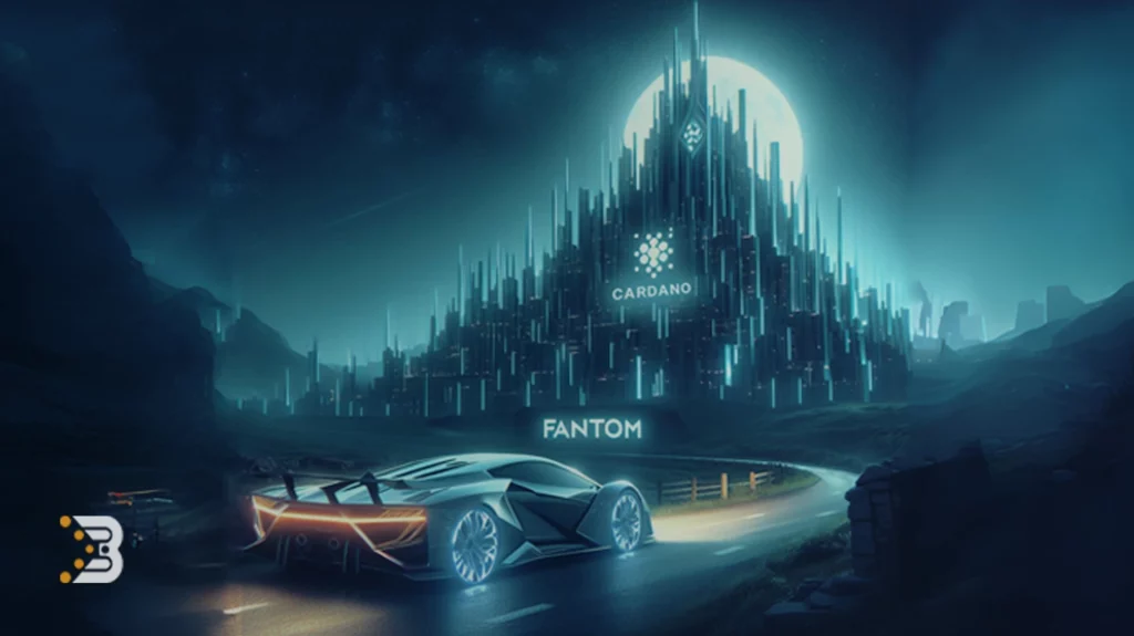 یک تصویر جذاب از یک ماشین اسپرت آینده‌گرای براق با لوگوی Fantom روی آن، نمادی از معاملات سریع و مقیاس‌پذیری Fantom، در مقابل یک قلعه بلند با متن Cardano، نمادی از امنیت و مقاومت قوی Cardano. فانتوم یا کاردانو؛ کدام یک آینده روشن‌تری دارد؟
