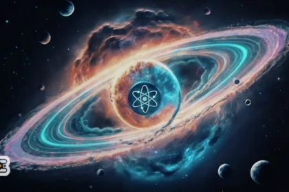 تصویری از یک کیهان با تعدادی اجرام آسمانی در اطراف آن که در مرکز این کیهان، نماد ارز دیجیتال اتم کازماس دیده می‌شود. آینده ارز کازماس، بررسی جامع عوامل تأثیرگذار بر قیمت اتم