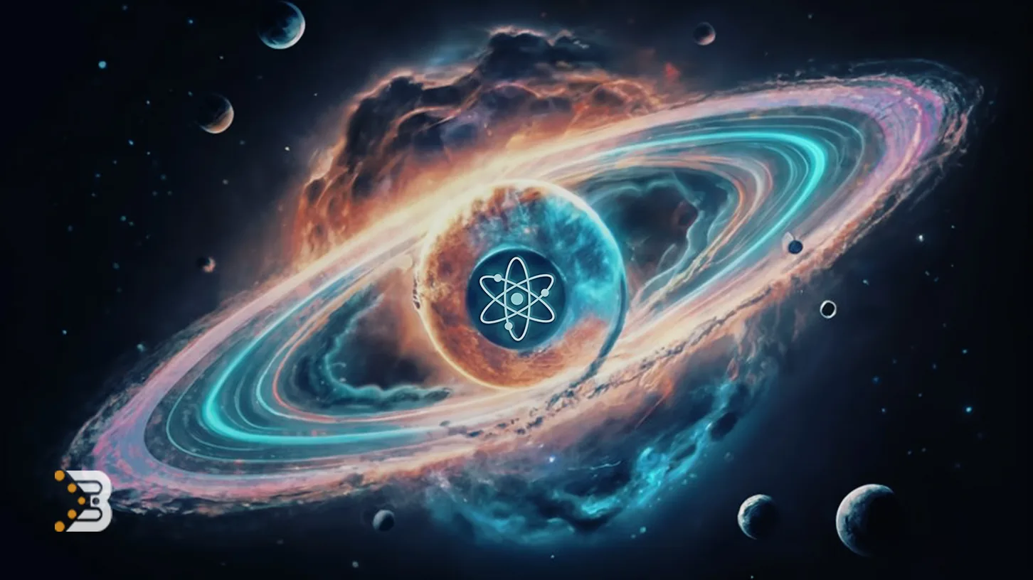 تصویری از یک کیهان با تعدادی اجرام آسمانی در اطراف آن که در مرکز این کیهان، نماد ارز دیجیتال اتم کازماس دیده می‌شود. آینده ارز کازماس، بررسی جامع عوامل تأثیرگذار بر قیمت اتم